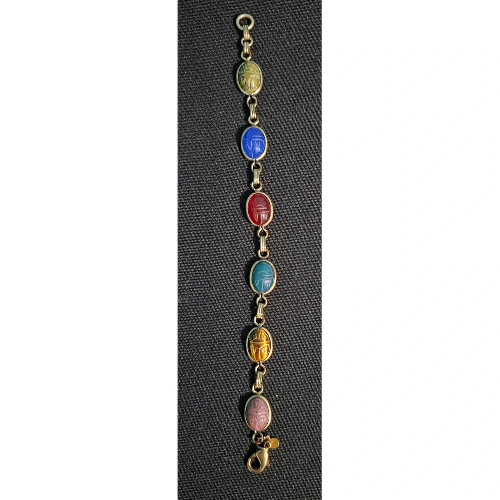 Vintage 12K Gold Filled Multi Stone Scarab Bracelet Egyptian Revival Carved Gem